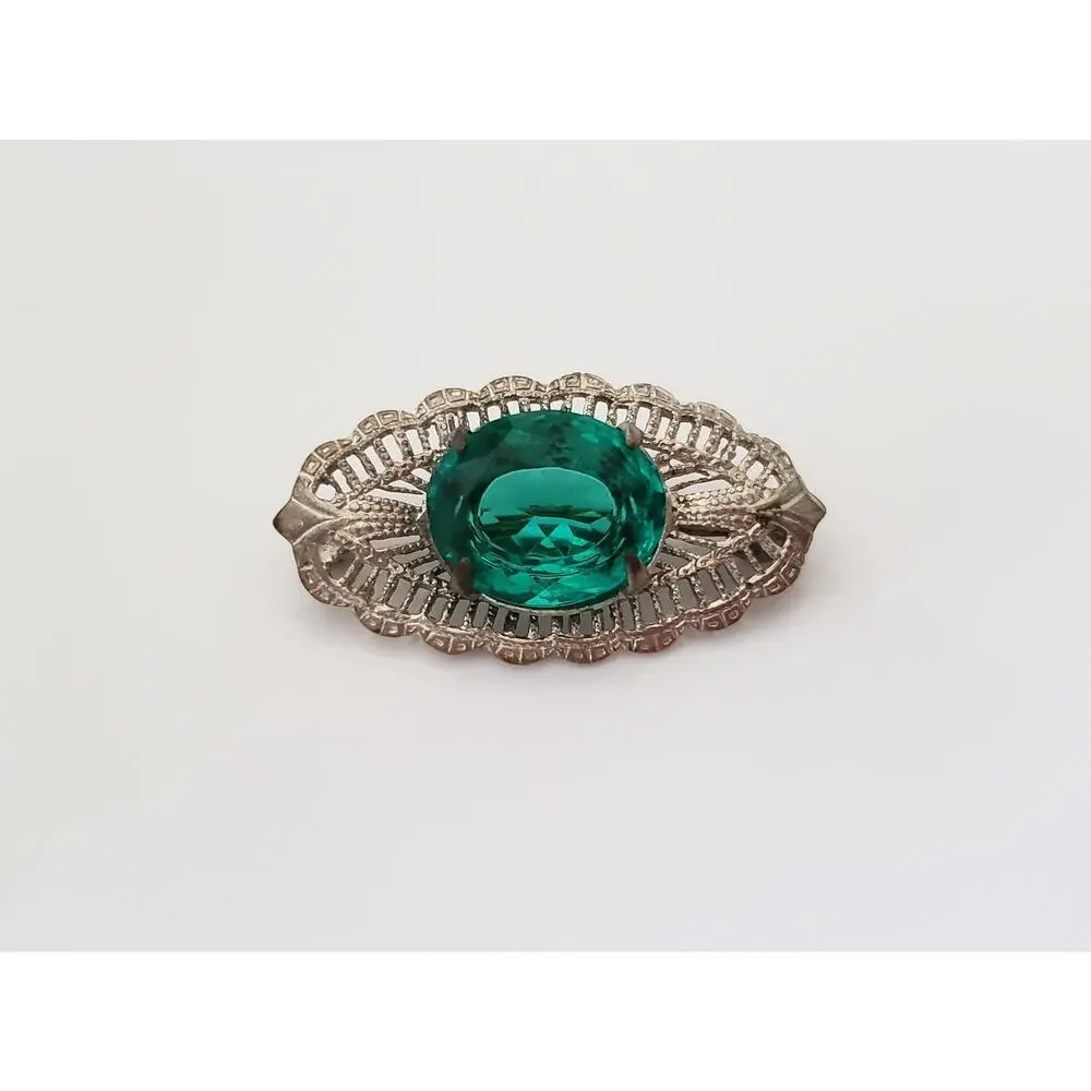 Antique Art Deco Green Glass Filagree Rhodium Plated Brooch